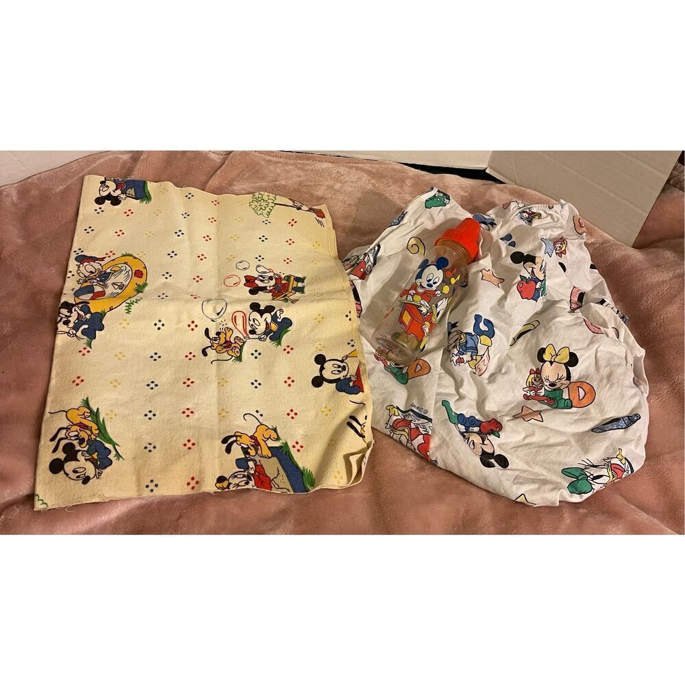 Dundee Vintage Disney Babies Mickey Mouse Crib Sheet Wet Pad & Baby Bottle Lot
